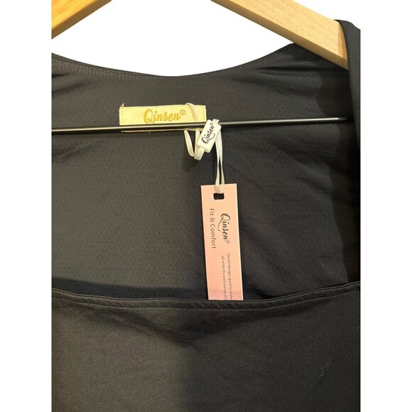 Black Long Sleeve Square Neck Jumpsuit By Qinsen  Medium Size NWT Stretchy Nylon - Picture 3 of 5